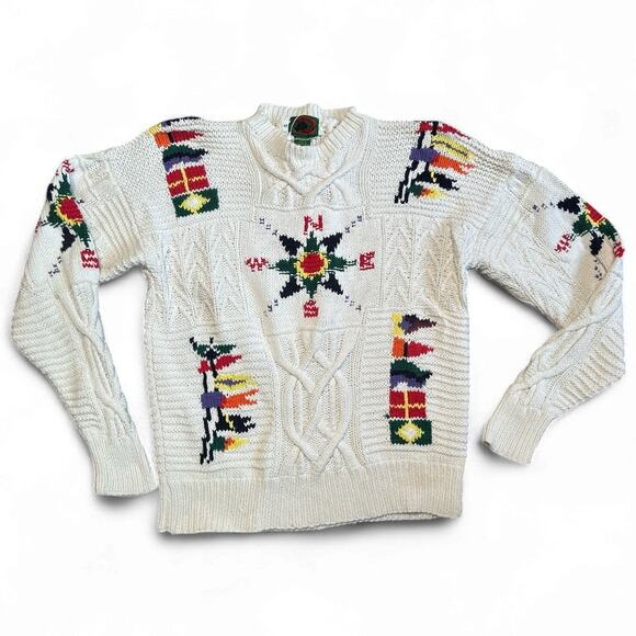 VINTAGE 90S Boston Traders White Knit Retro 100% Cotton Sweater Size M - Picture 1 of 4